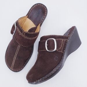Born Shoes Womens Size 10 Mule Clogs‎ Brown Leather Buckle Slip On Wedge Heels